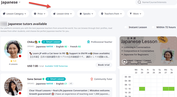 italki search interface to filter by price, lesson category, and teacher