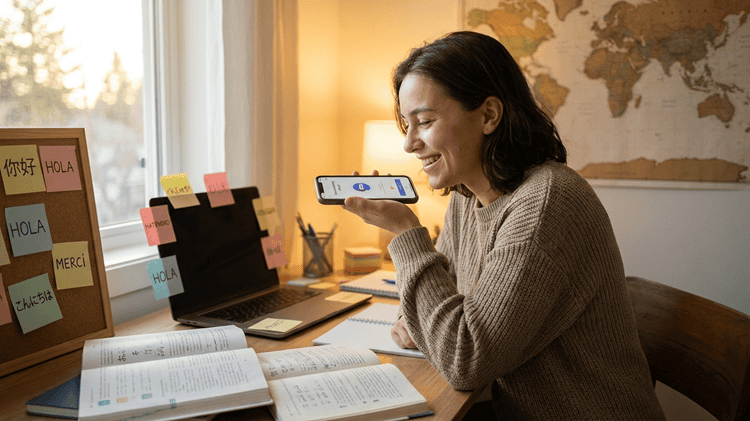Learner choosing the best language learning app on smartphone at cozy study desk surrounded by multilingual notes