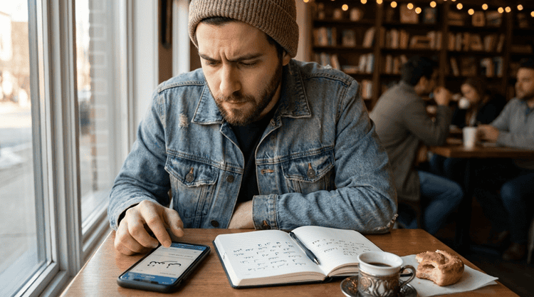 Man learning Arabic script on a language app at a café, notebook with Arabic letters beside his smartphone