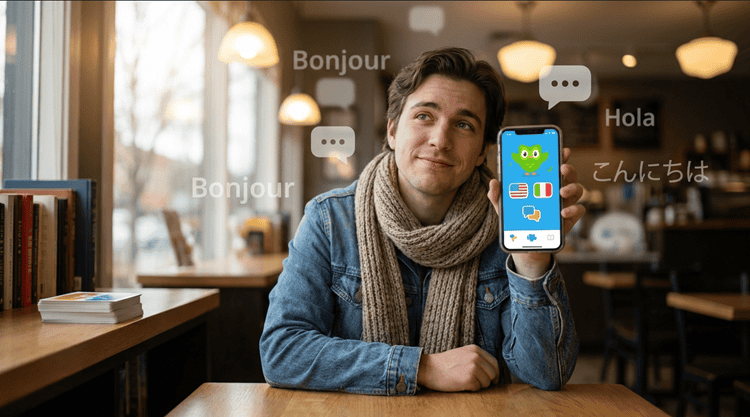 Person choosing best Android language learning app on smartphone in cozy café, multilingual study materials nearby