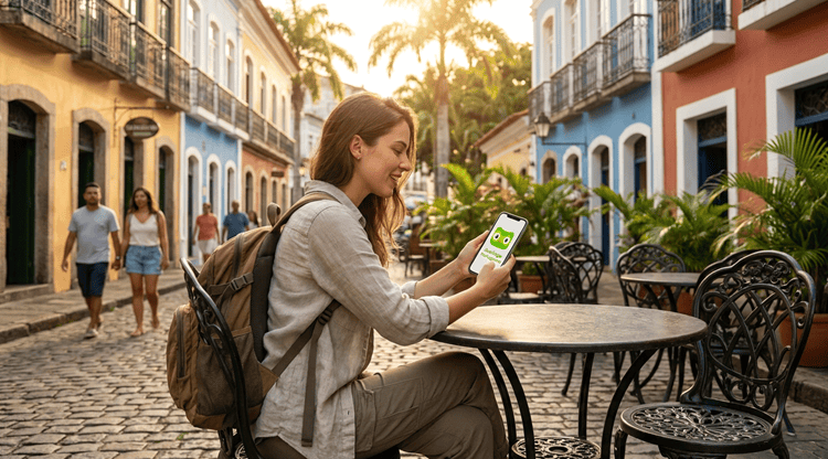 Traveler practicing Brazilian Portuguese on a language app at a sunny Brazil café before an upcoming trip