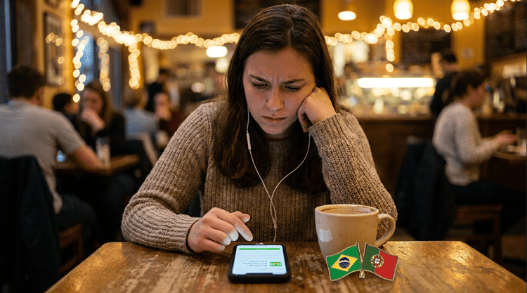 Woman choosing a Portuguese learning app on smartphone with Brazilian and European Portuguese dialect options visible