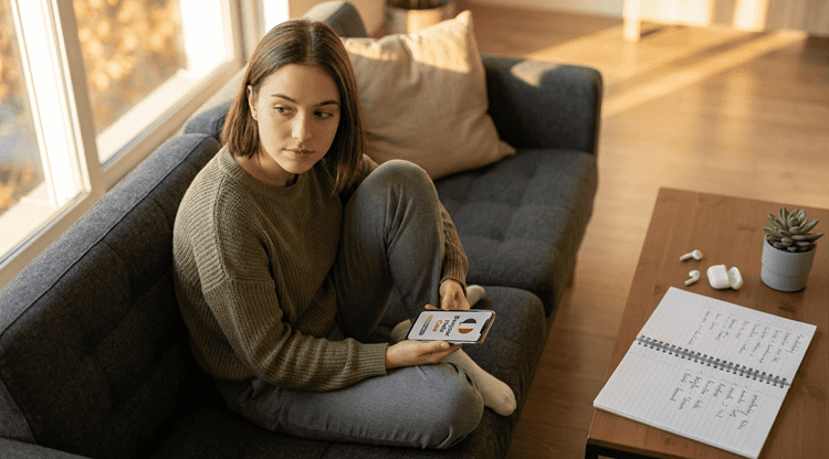 Woman comparing Android language learning apps on smartphone, reviewing FAQ options in a cozy modern living space
