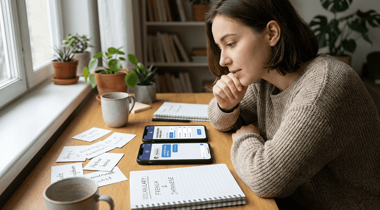 Woman comparing language learning apps on two phones beside vocabulary notes, choosing between structured and AI conversation tools