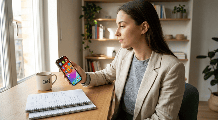 Woman confidently choosing a language learning app on smartphone at desk, comparing options for independent language study.