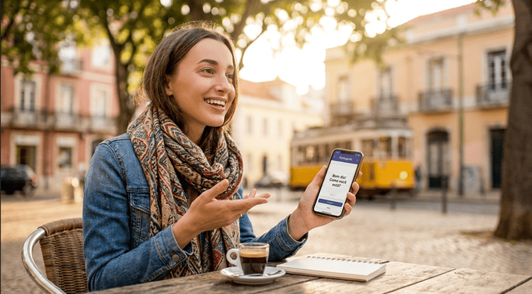 Woman confidently practicing Portuguese on a language learning app at a sunny café, smiling with accomplishment