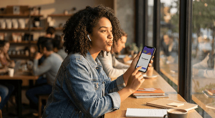 Woman practicing Brazilian Portuguese on a language learning app at a café, comparing the best apps for speaking fluency