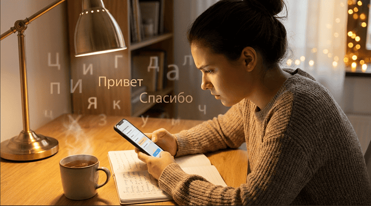 Woman studying Russian alphabet on language learning app at desk with notebook and warm lamp light