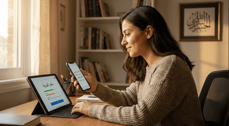 Woman using Arabic language learning app on smartphone at desk, comparing apps to choose the best tool for speaking practice