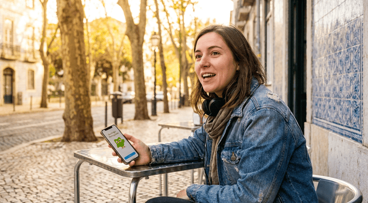 Woman using European Portuguese learning app at Lisbon café, practicing speaking skills with smartphone and headphones