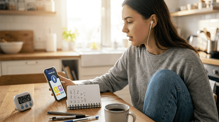 Young adult practicing with a language immersion app for 15 to 30 minutes, speaking aloud at home during a focused daily session