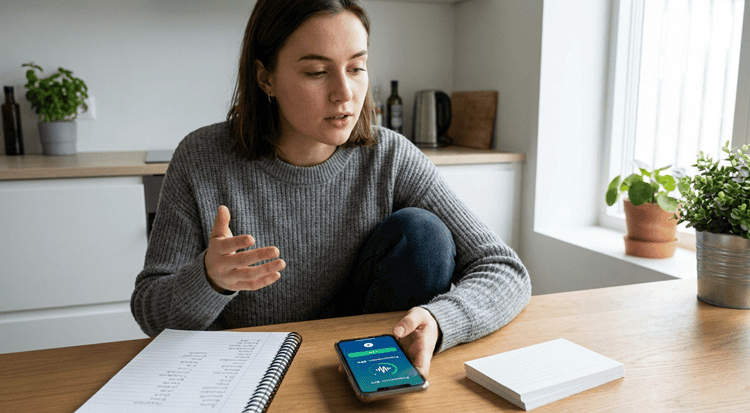 Young adult practicing with a language immersion app, speaking into phone as pronunciation feedback builds fluency at home