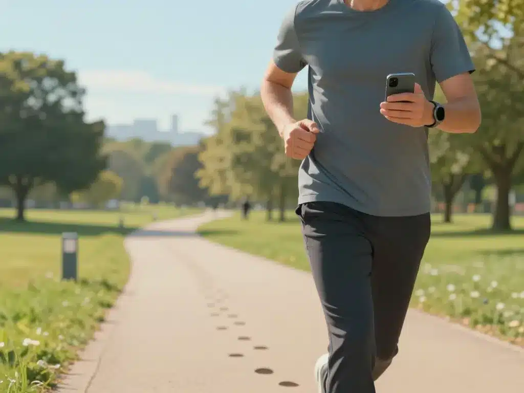 Personne mesurant temps de marche pour 1 km avec smartphone