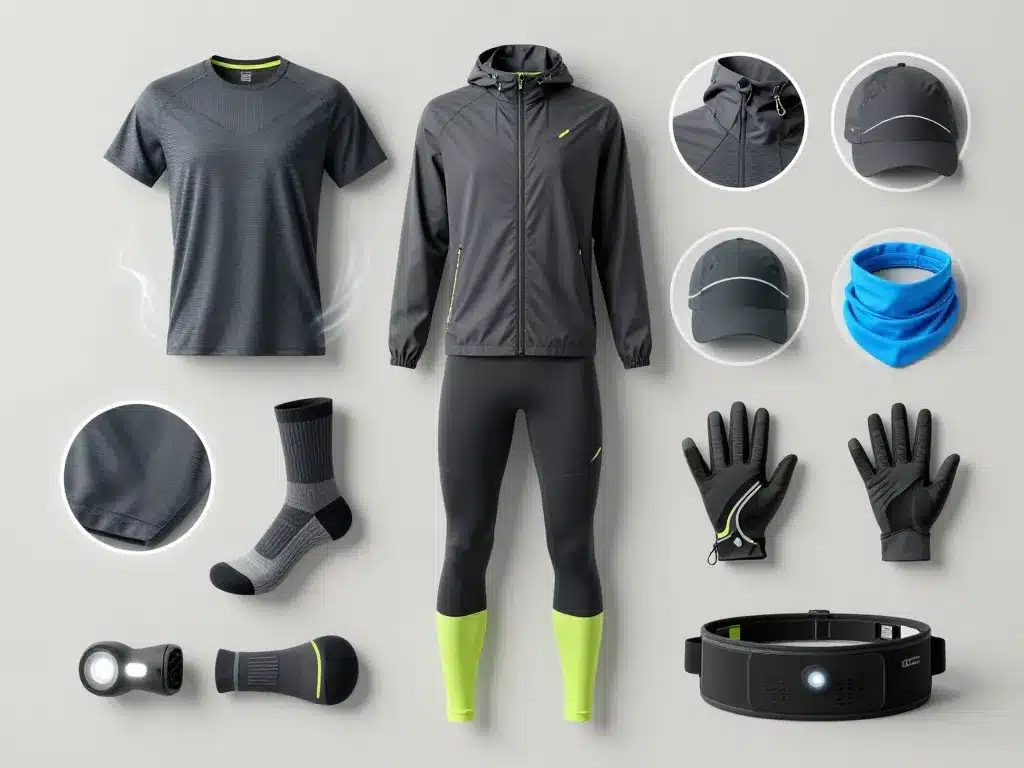Vue à plat des vêtements techniques d’une tenue de running pour homme