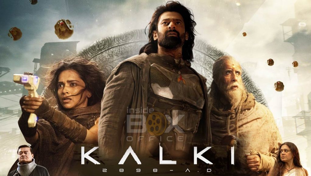 Futuristic sci-fi movie poster featuring characters with intense expressions, high-tech armor, and a dynamic background with debris and cityscape elements, highlighting Bollywood's "Kalki" 2898 AD.