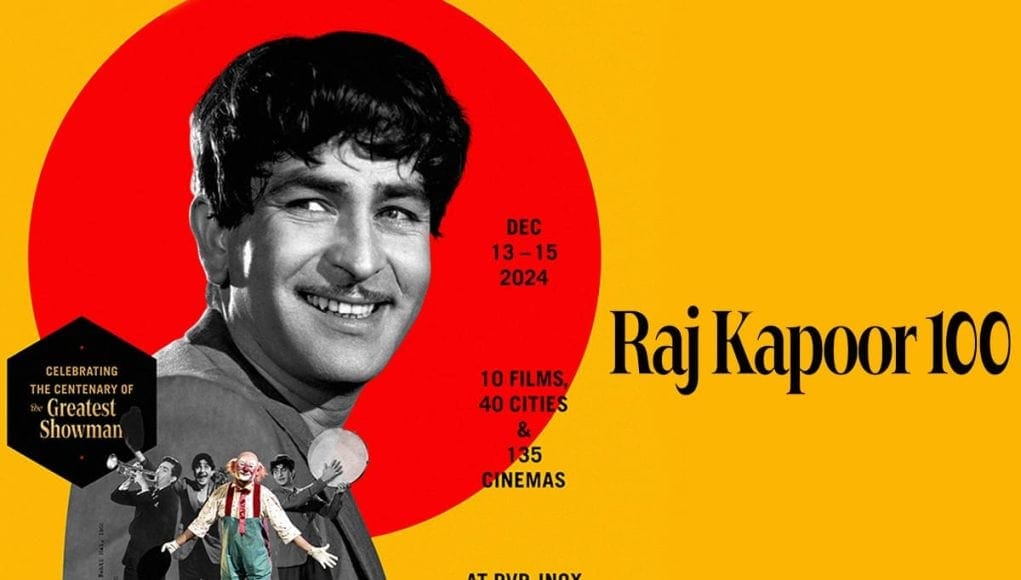 Raj Kapoor 100 celebration poster featuring a black and white image of Raj Kapoor with a vibrant yellow and red background, highlighting the event dates, film screenings, and locations in India.