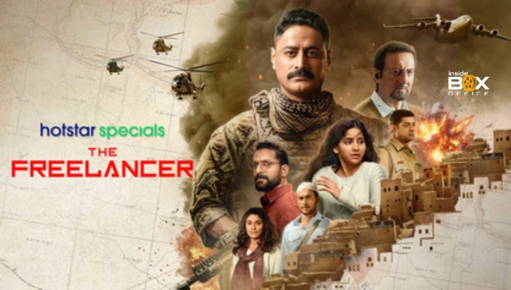 A hero with military gear, surrounded by characters from the movie, with helicopters in the background and explosions in a war-torn cityscape, promoting The Freelancer on Inside Box Office.