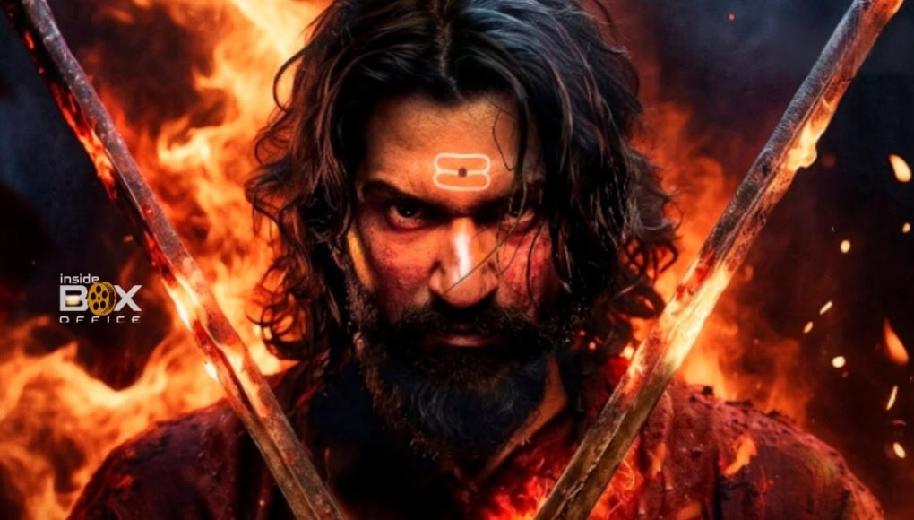 A fierce warrior with fire in the background holding two swords, intense expression, rugged look, cinematic action scene for inside box office.