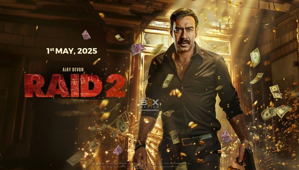 raid 2 feature image Stunning promotional poster for the upcoming movie "Raid 2" featuring Ajay Devgn, set to release on May 1, 2025, showcasing a tense scene with money flying around and intense cinematic atmosphere.
