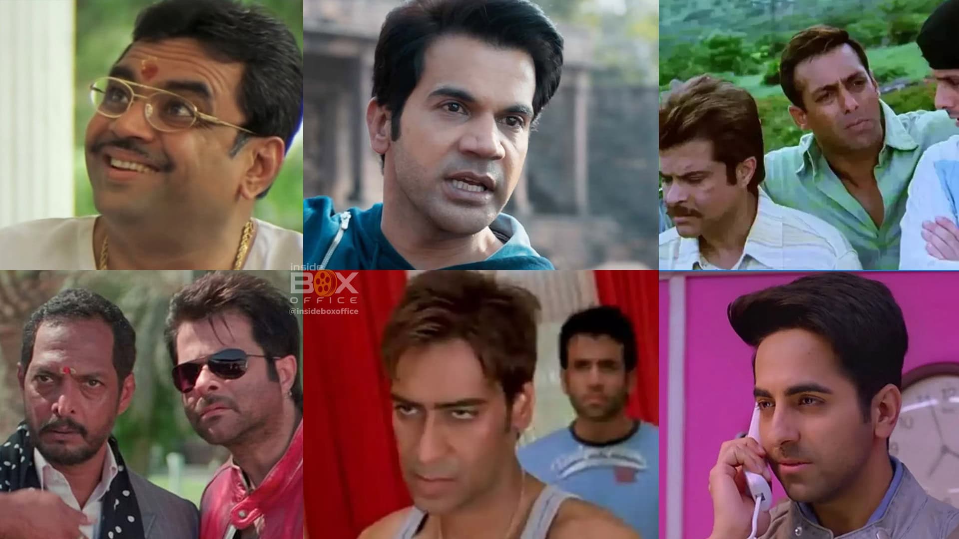 High-Energy Bollywood Movie Scenes Featuring Diverse Male Actors, Dramatic Expressions, And Vibrant Settings; Part Of The Inside Box Office Film Collection.