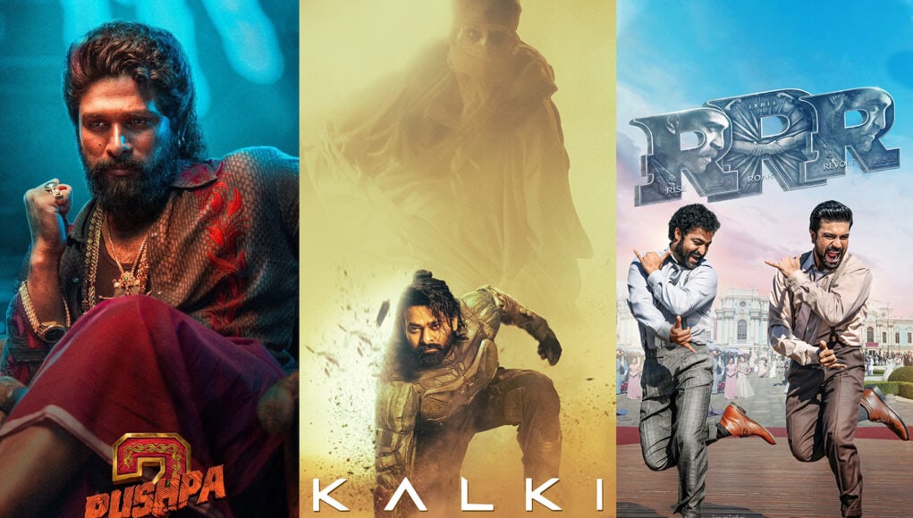 Colorful collage of Indian movie posters and promotional images, showcasing popular Bollywood films, actors, and dynamic scenes from "Pushpa 2," "Kalki 2898 AD," and "RRR" for entertainment and box office analysis.