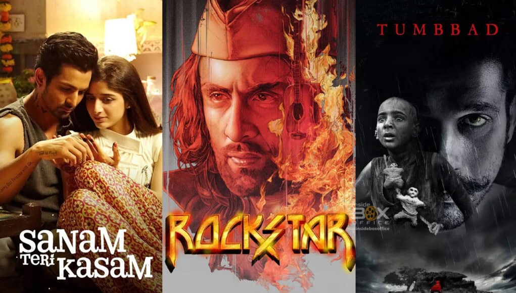 A romantic scene from the Indian film "Sanam Teri Kasam" featuring a young man and woman happily examining a box, with warm lighting in the background.