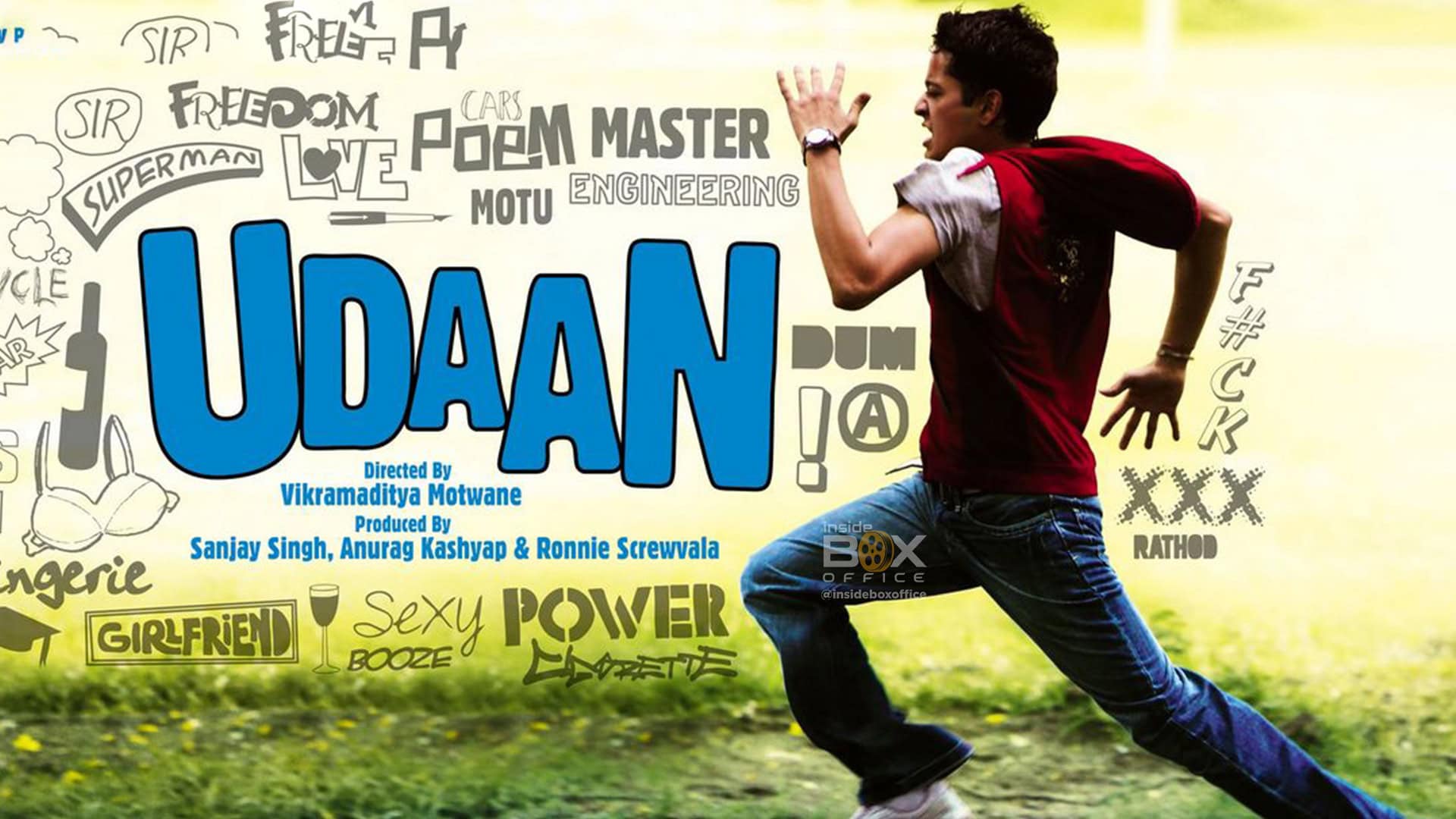 Young man running outdoors with a colorful animated collage background for Udaan movie, emphasizing youthful energy and rebellious spirit.