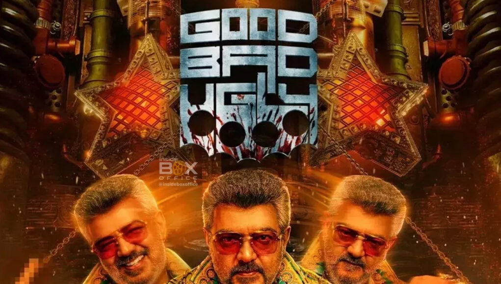 Red Hot Action Scene from Inside Box Office Movie Featuring Three Stylish Men in Bright Shirts with Dynamic Background.