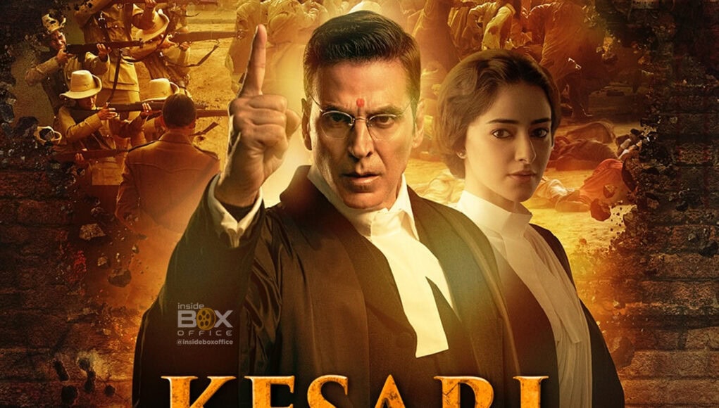 A gripping movie poster for "Kesari Chapter 2" featuring a confident man in a lawyer’s robe, a determined woman, and scenes of a historic battle with soldiers, highlighting themes of justice, bravery, and the untold story of Jallianwala Bagh.