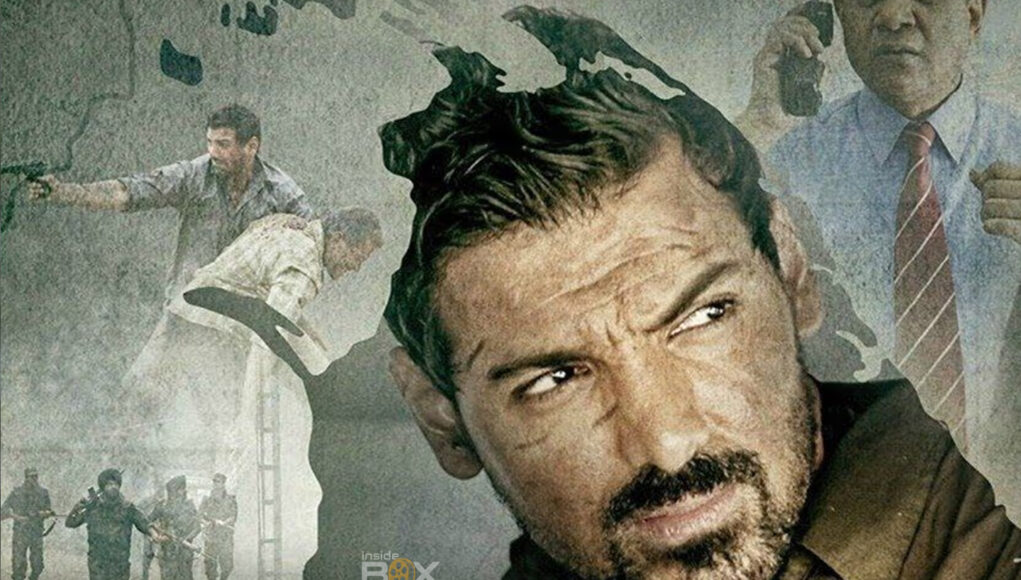 A gritty movie poster for Madras Cafe featuring a tense man with a rugged appearance, surrounded by scenes of conflict, military personnel, and dramatic action, emphasizing Indian political thriller themes.