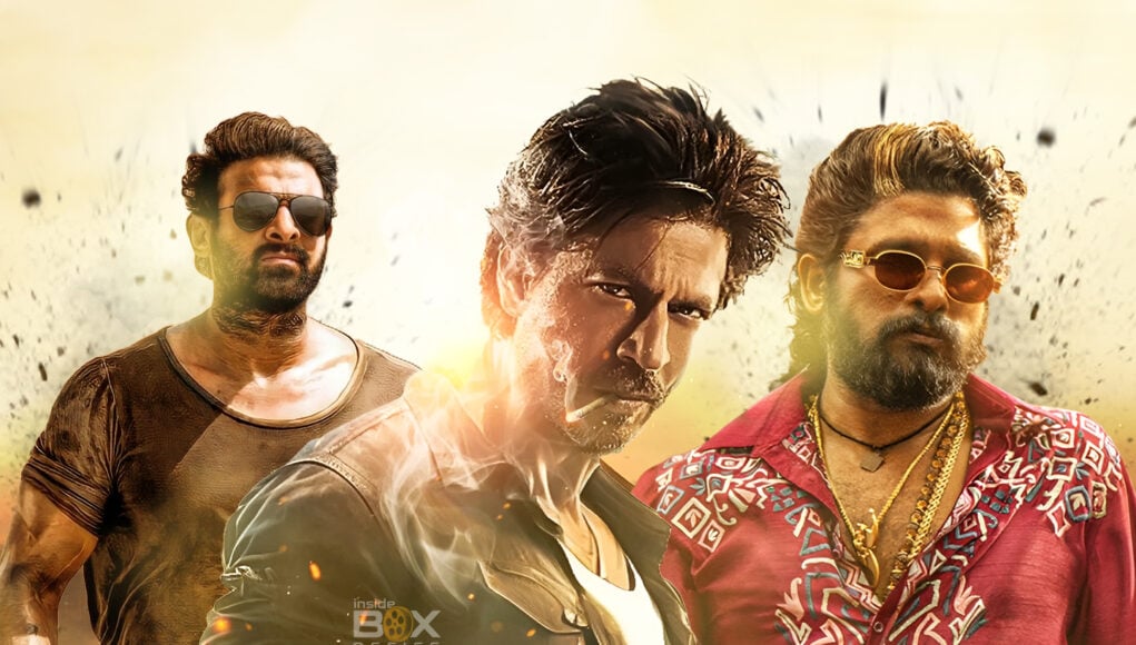 Epic action movie poster featuring three intense male characters with rugged looks, stylish outfits, and sunglasses, set against a dynamic fiery background, perfect for Inside Box Office movie coverage.