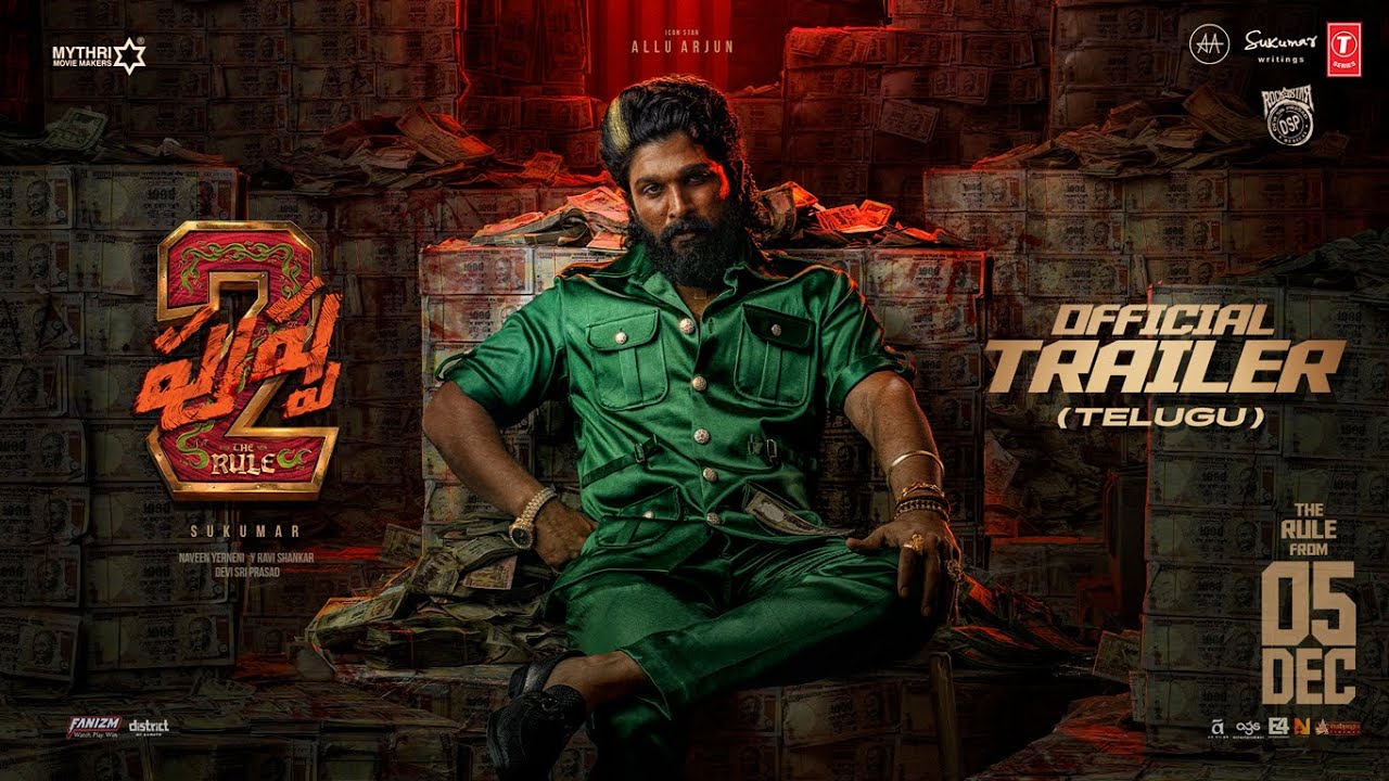 Money-themed Telugu movie trailer featuring a charismatic lead actor seated amidst stacks of cash.