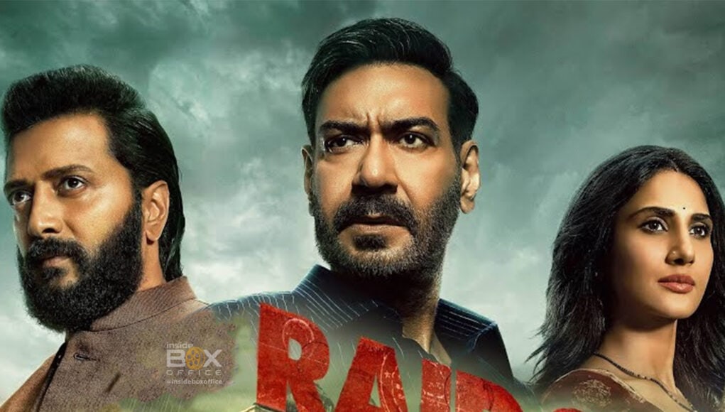 Stunning promotional poster for the Indian film "Raid 2" featuring the main cast against an atmospheric cityscape background, highlighting the film's tense drama and thriller elements.