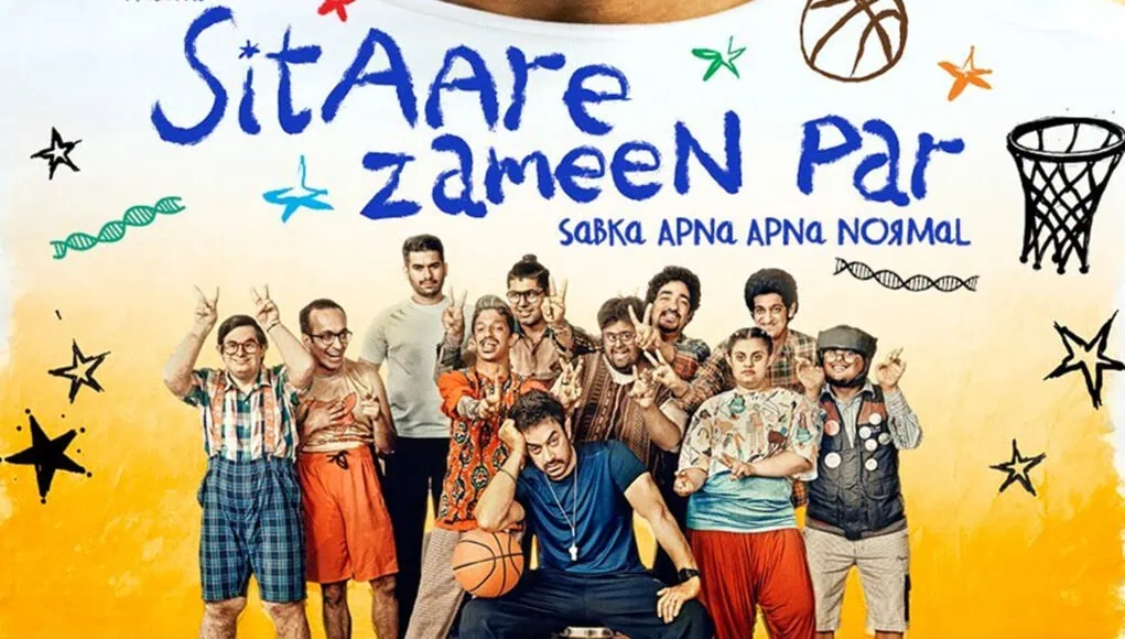 Creative poster for the Bollywood movie "Stare Zameen Par," featuring a colorful cast of characters in a basketball court with playful doodles and vibrant background, emphasizing comedy and friendship.