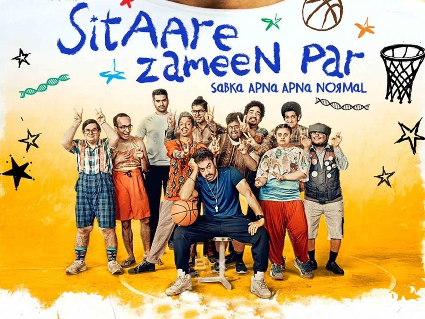 Creative poster for the Bollywood movie "Stare Zameen Par," featuring a colorful cast of characters in a basketball court with playful doodles and vibrant background, emphasizing comedy and friendship.
