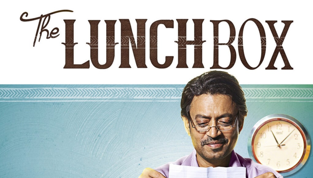 A man enjoying a meal while reading a letter, with a clock in the background, represents the comedy-drama film "The Lunchbox," highlighting themes of food, time, and storytelling.