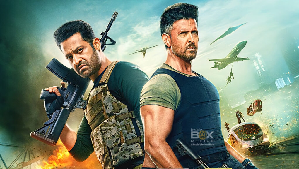 Explosive action movie poster for "Warfare 2" featuring two tough characters with weapons amidst a chaotic battlefield with helicopters, explosions, and a flying vehicle.