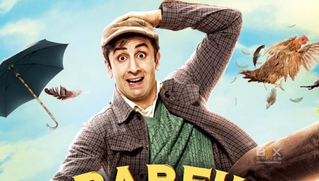 A man in vintage clothing, holding an umbrella, with a surprised expression, surrounded by flying feathers and a chicken, promoting a comedy movie titled "Barf!".