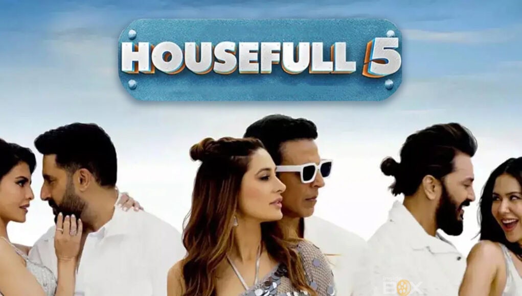 Elegant cast photo from the movie "Housefull 5," showcasing popular actors in stylish white outfits with a bright, sunny background for high-energy Bollywood film promotion.