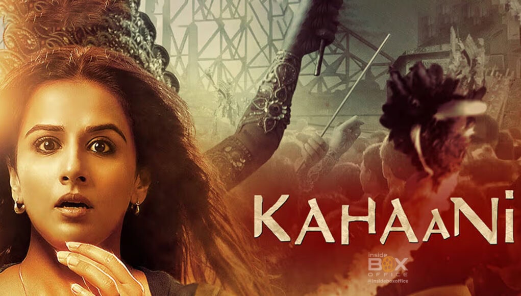 Deep emotional movie poster of Kahaani, featuring a woman with an intense expression, vibrant colors, and background scenes from a city and a crowd to highlight Bollywood drama and suspense elements.