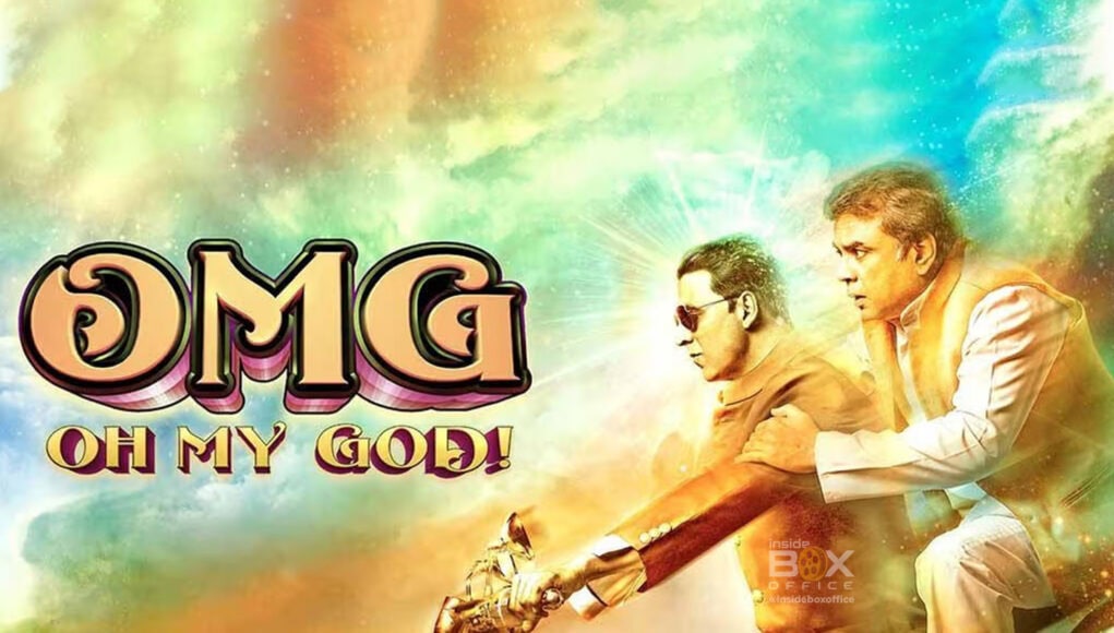 Vibrant poster of Om Ganapathi Om (OMG) film featuring two lead actors riding a motorcycle, with colorful cosmic background, highlighting Bollywood entertainment and new movie releases.