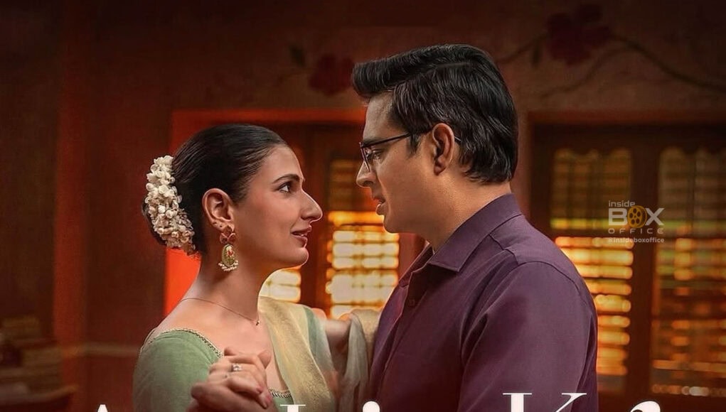 Romantic Bollywood scene featuring a cheerful couple gazing into each other's eyes, showcasing Indian culture and love story elements for entertainment or movie promotional content.