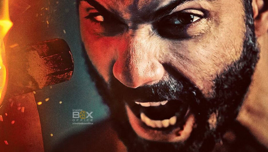 Intense close-up of a fierce man with a beard, shouting passionately, with fiery and dramatic lighting emphasizing the emotion for the Bollywood action film "BhoolPur" promotional poster.