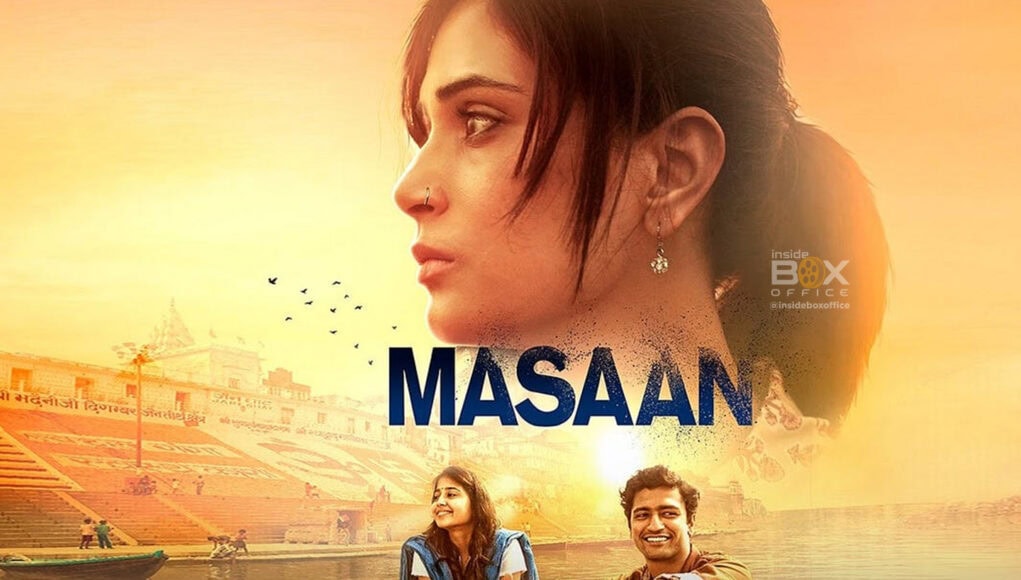 Beautiful Indian film poster showcasing the emotional drama of "MASAAN" with a dramatic profile of a young woman overlooking Varanasi, and a joyful couple by the river, embodying themes of love, spirituality, and life in India.