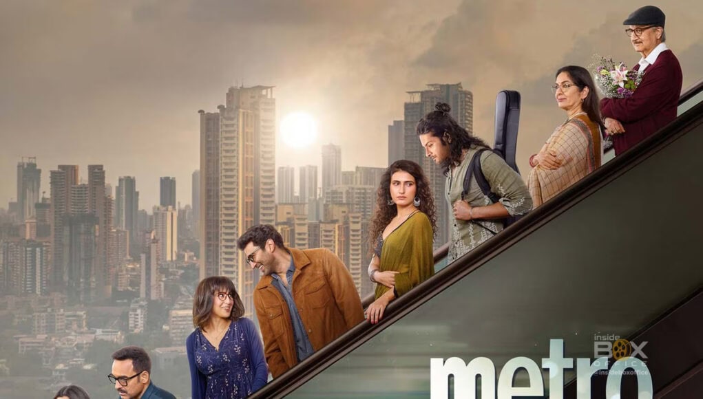A diverse group of people riding an escalator against a city skyline with skyscrapers at sunset, promoting the Indian film "Metro In Dinyo" with vibrant emotions and urban backdrop.