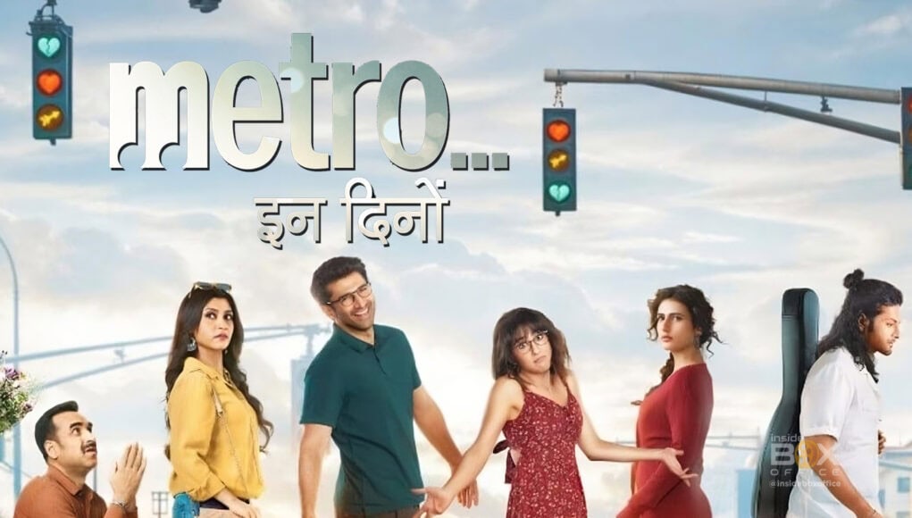 Colorful metro train signals with a diverse group of young adults on an urban street, showcasing Bollywood film "Metro... In Dilli" with vibrant cityscape and energetic atmosphere.