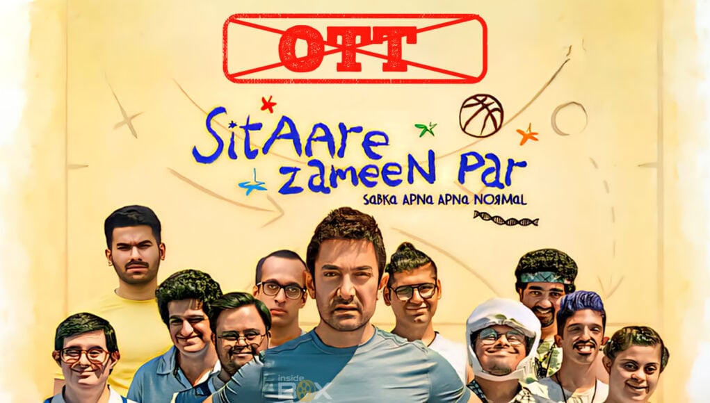 A vibrant promotional poster for the movie "Sitaare Zameen Par" featuring a group of diverse characters standing in front of colorful hand-drawn text and illustrations, highlighting its entertainment and family-friendly themes.