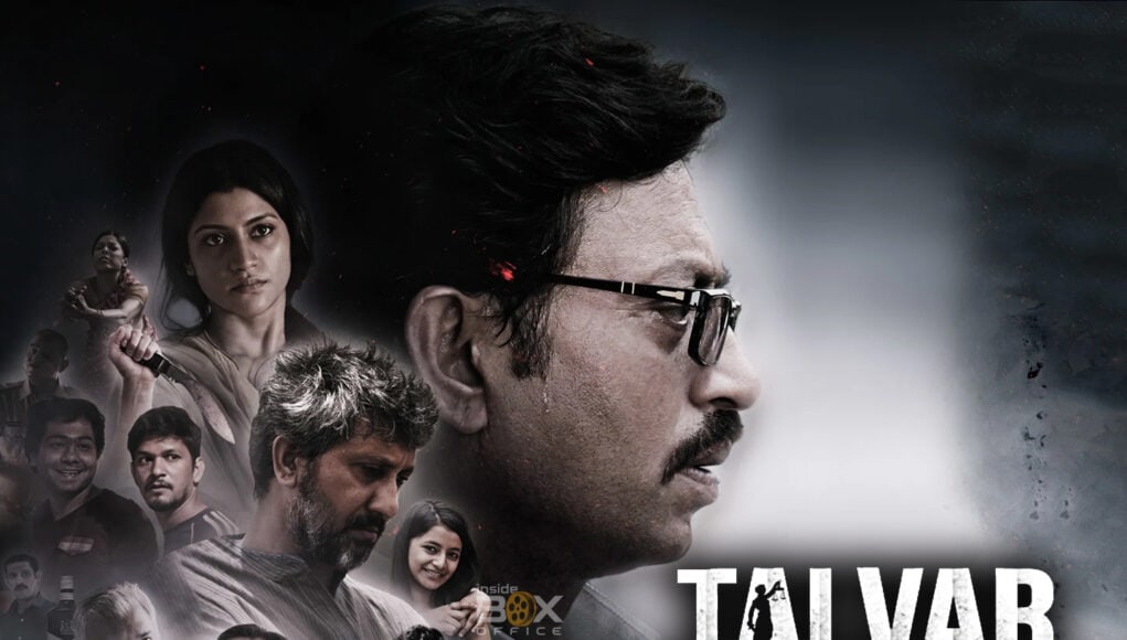 Dev Patel as Talvar in a dramatic movie poster, surrounded by various characters from the film, with dark and intense tones reflecting crime and suspense themes. Inside Box Office logo visible.