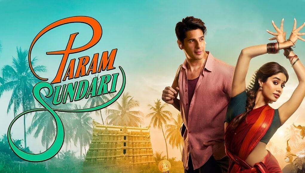 param sundari feature (1) Vibrant promotional poster of the Indian movie "Param Sundari" featuring a male and female lead in traditional attire, set against a scenic backdrop of palm trees, temple, and cultural elements.