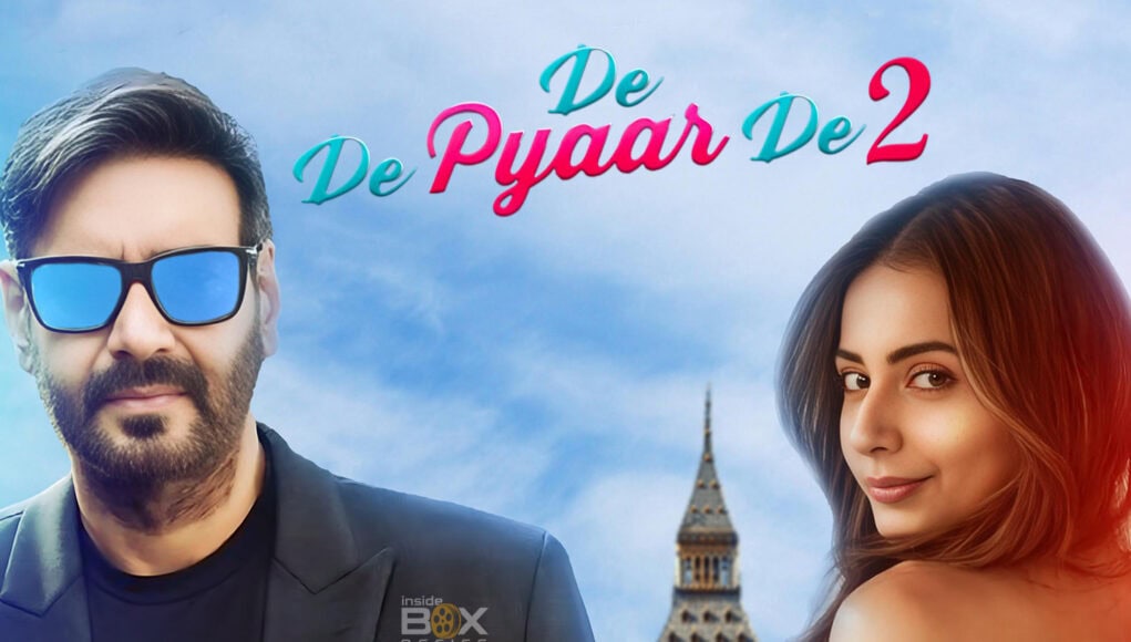 Stylish man wearing sunglasses and a black jacket standing next to a smiling woman with long hair, with Big Ben in the background, promoting the Bollywood film "De Pyaar De 2.".